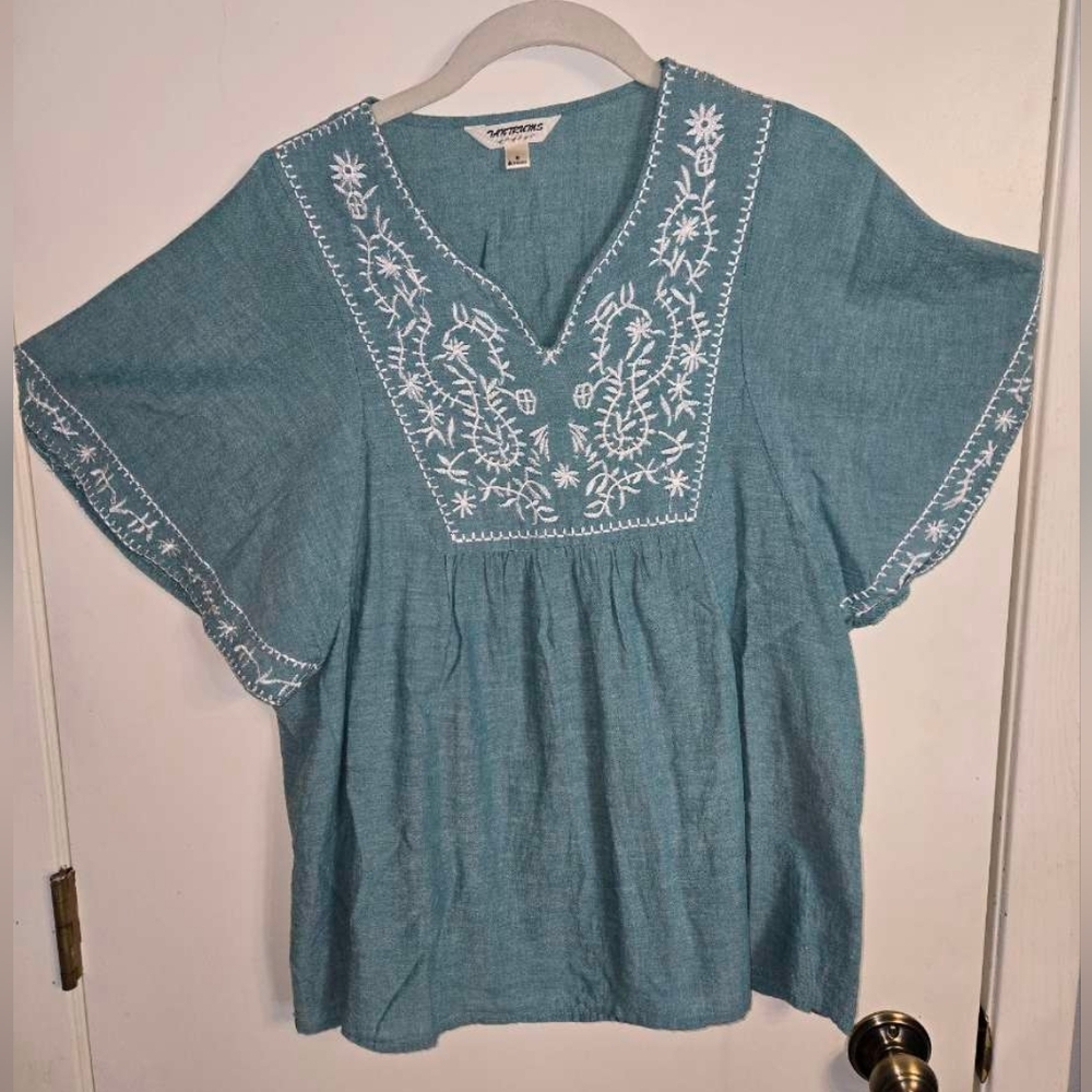 Tantrums Blue Blouse with White Embroidery